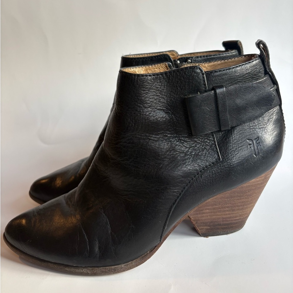 Frye Black Leather Ankle Booties with Bow Detail